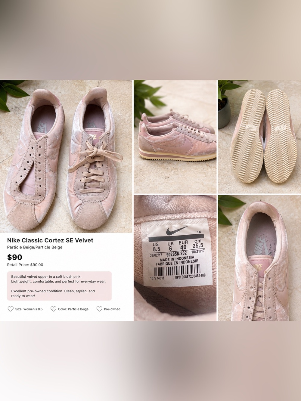 Nike Classic Cortez Women’s Velvet Runner Sneakers in Blush Pink